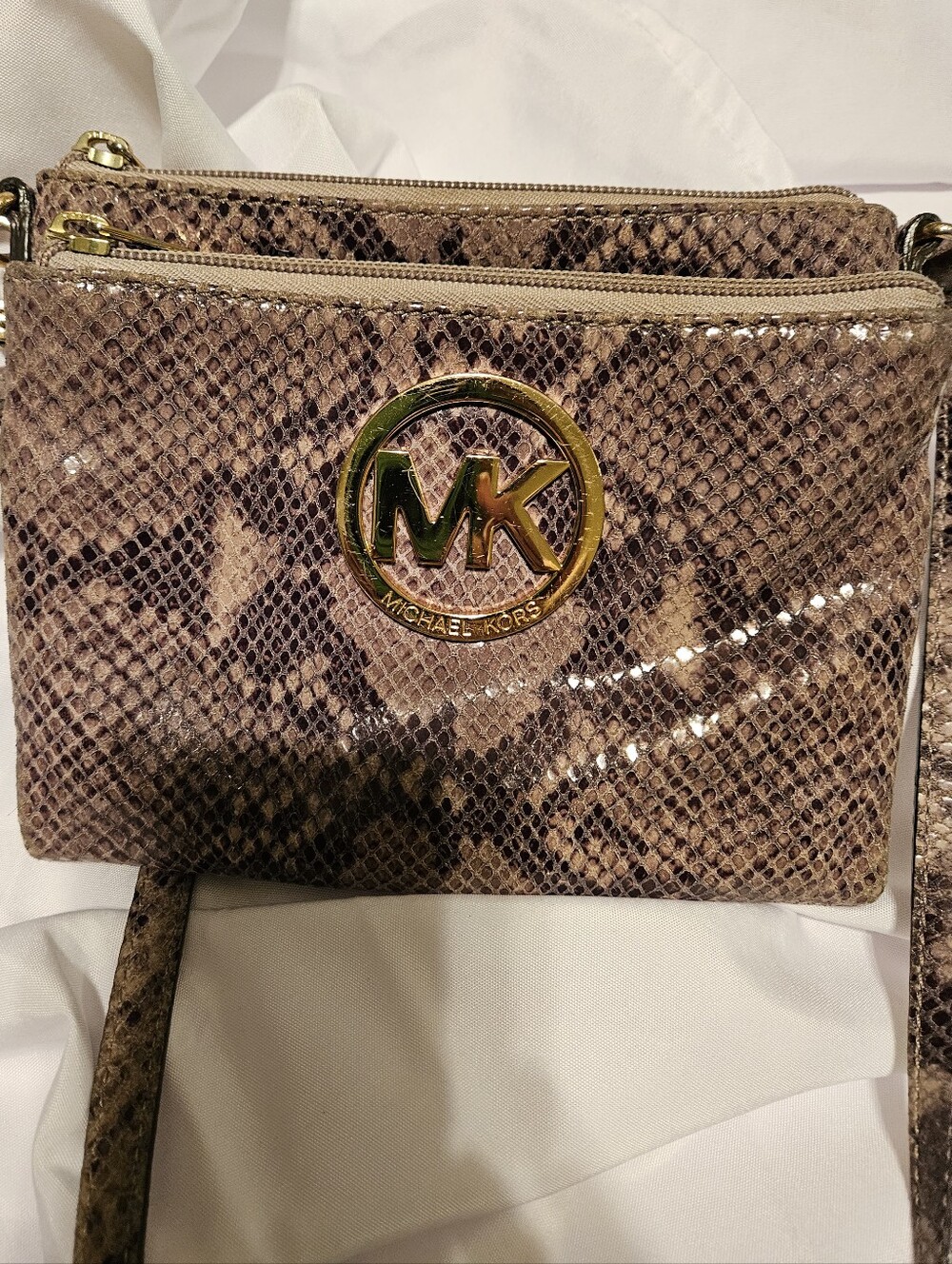 Michael Kors Snakeskin Python Print Leather Crossbody Bag Triple Zip Fulton Gold - Picture 15 of 15